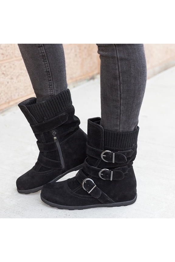 Women's Boot Fashion Women Suede Round Toe Zipper Flat Pure Color Buckle Strap Keep Warm Snow Boots
