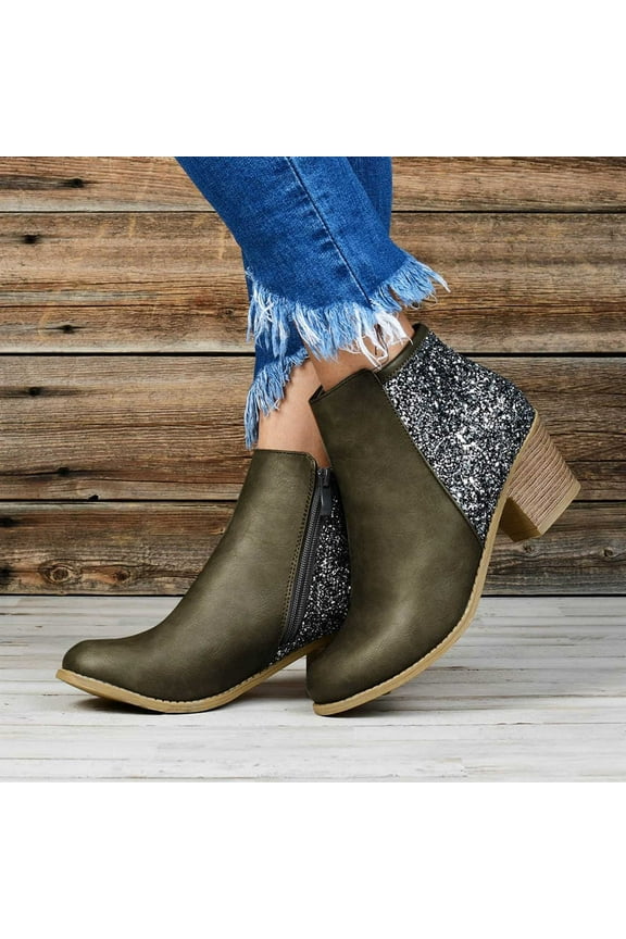 Women's Boot Fashion Women Winter Plus Size Leather Boots High Heeled Thick Heel Sequined Booties Ladies Short Boots
