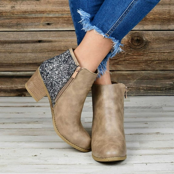 Babysbule Women's Boot Fashion Women Winter Plus Size Leather Boots High Heeled Thick Heel Sequined Booties Ladies Short Boots