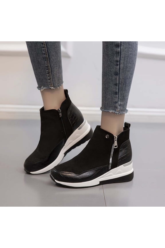 Women's Boot Fashion Women's Fashion Retro Solid Color Splicing Boots Thick Sole High-Heels Round Toe Casual Boots
