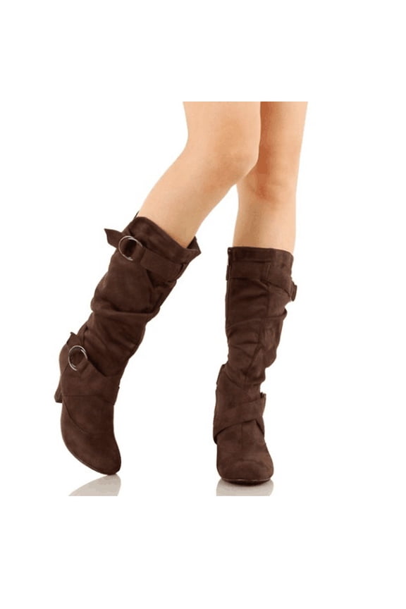 Women's Boot Fashion Women's Middle Heel Belt Buckle Round Head Suede Solid Color High Boots Winter