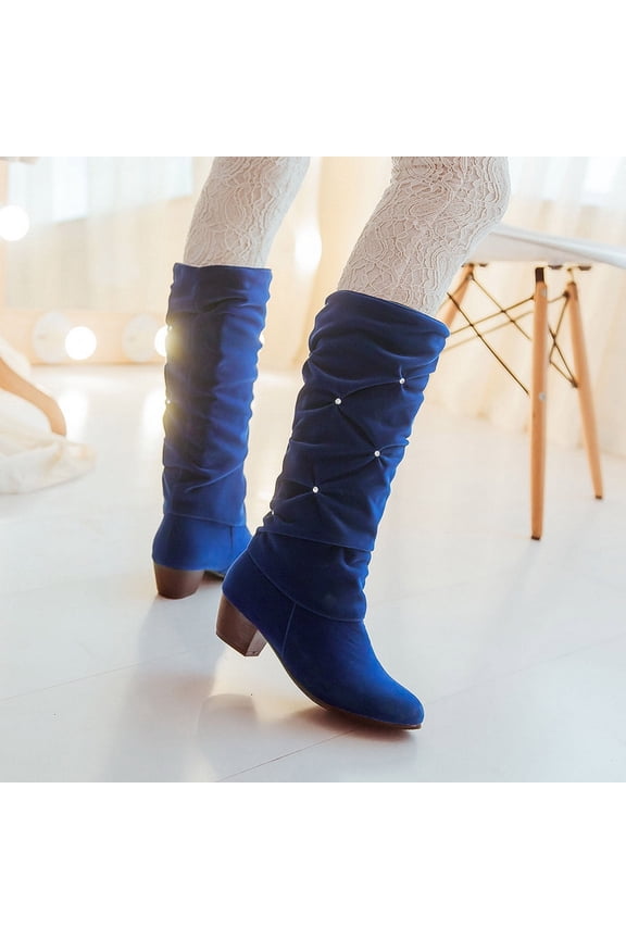 Women's Boot Fashion Women's Suede Pleated Rhinestone Thick Heel Sleeve Mid Heel High Top Knight Boots