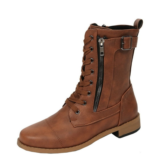 Babysbule Women's Boot Fashion Women's Winter Solid Color Low-Heeled Mid Calf Boots Round-Toe Side Zipper Shoes