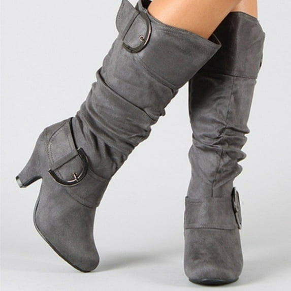 Babysbule Women's Boot Fashion Women's Winter Warm High Heel Straight Leather Belt Buckle Suede Thick Heel Knight Boots