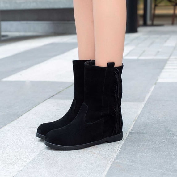 YUNAFFT Women's Boots Clearance, Women's Large-size Fringe Back Zipper Ankle Boots Non-slip Chunky Heel Snow Boots