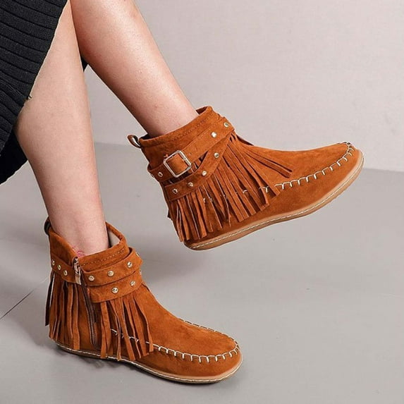 YUNAFFT Women's Boots Clearance, Women's Large-size Fringe Back Zipper Ankle Boots Non-slip Chunky Heel Snow Boots
