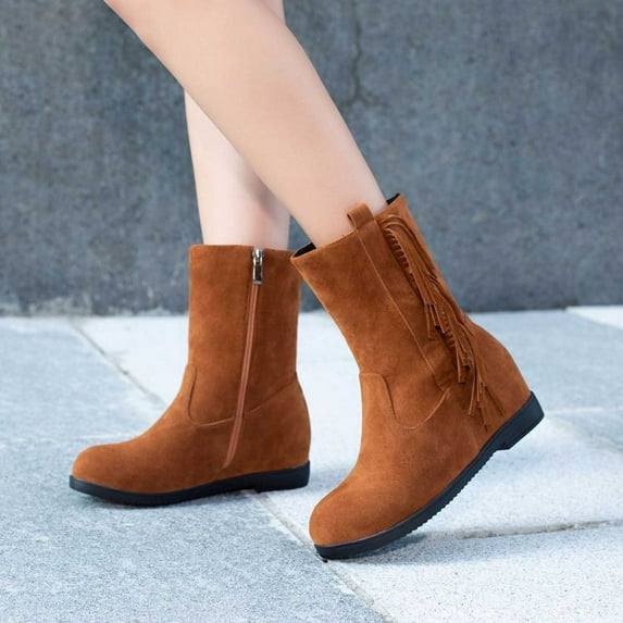 YUNAFFT Women's Boots Clearance, Women's Large-size Fringe Back Zipper Ankle Boots Non-slip Chunky Heel Snow Boots