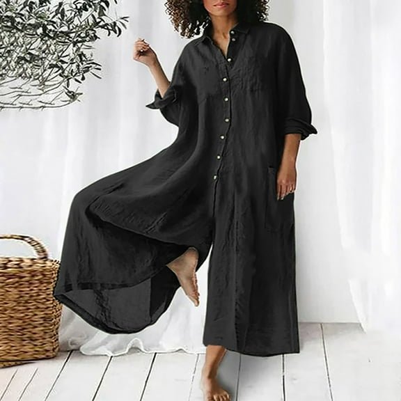 Awdenio Women's Casual Jumpsuits Fashion Solid Cotton Linen Romper Long Playsuit Zipper Long Sleeve