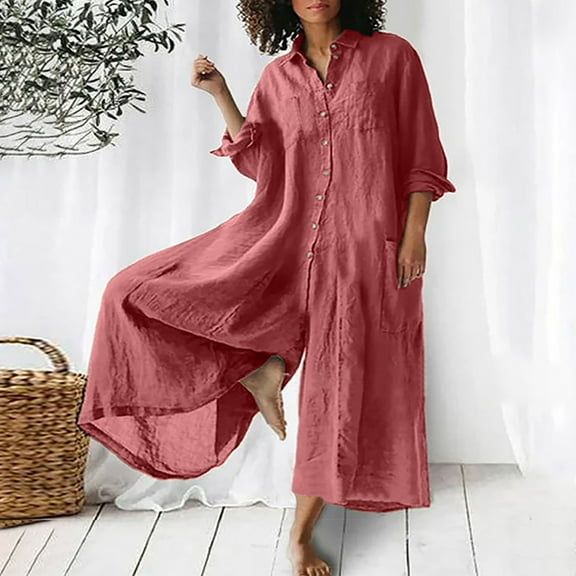 Awdenio Women's Casual Jumpsuits Fashion Solid Cotton Linen Romper Long Playsuit Zipper Long Sleeve