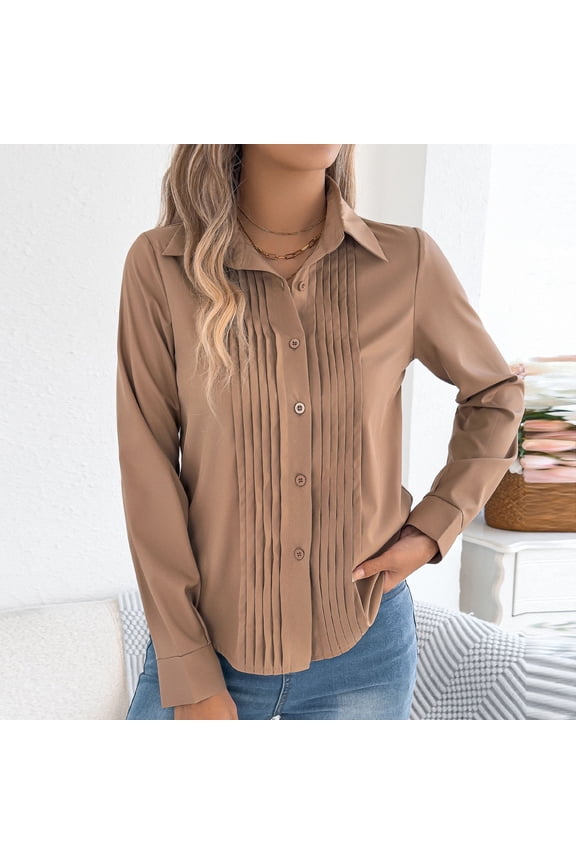 Women's Casual Solid Color Long Sleeve Blouse with Notched Lapel and Button Front Stretch Comfort for Everyday Wear