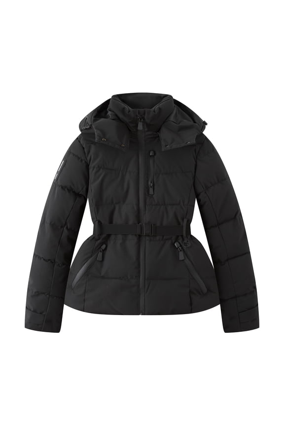 Women's Casual Waist-Defining Quilted Hooded Jacket with Long Sleeves for Ski and Outdoor Winter Coat