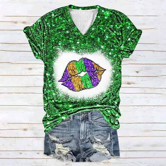 YUNAFFT Women's Fashion And Leisure Carnival Printed Short Sleeves Blouse V Neck Casual Breathable Tops St.Parik's Day