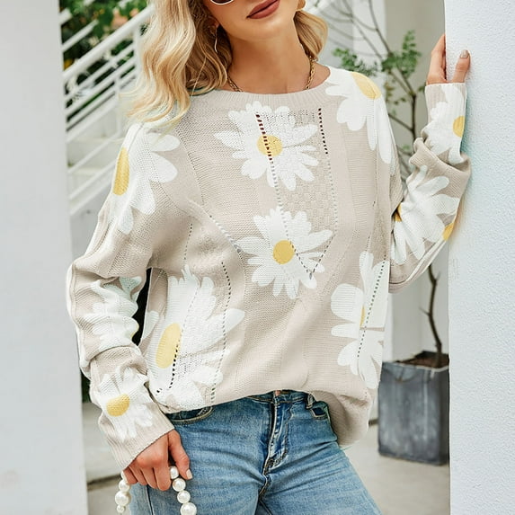 Babysbule Women's Fashion Sweater Fashion Fashion Women's Daisy Printed Long Casual Pullover Loose Long Sleeve Sweater