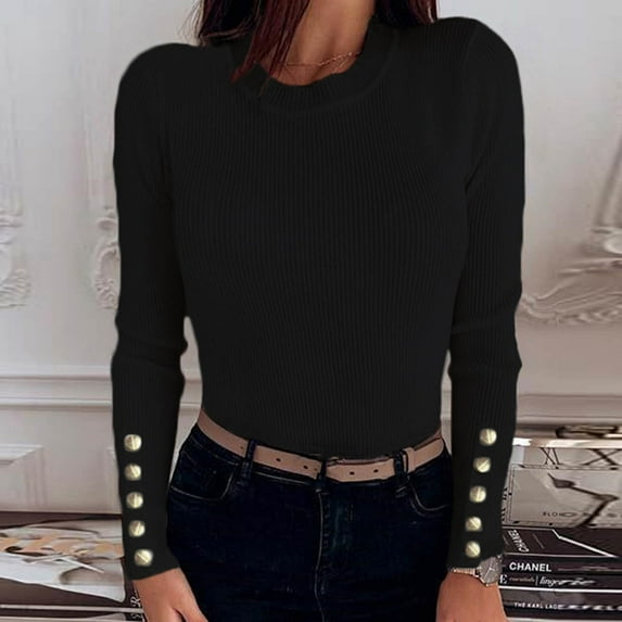 YUNAFFT Women's Fashion Sweater Clearance, Women's Fashion And Winter Casual Button Round Neck Sleeve Solid Color Sweater Tops Blouse