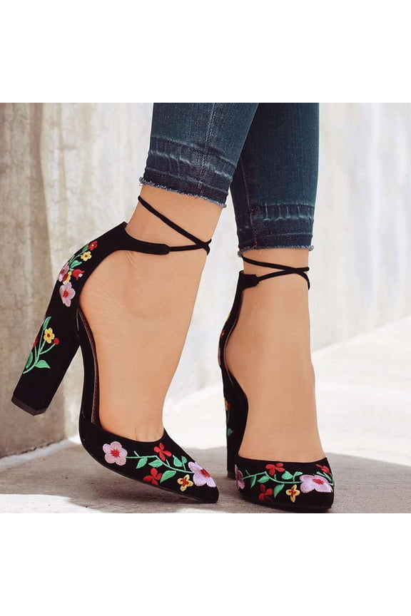 Women's High Heels, Women's Ethnic Suede Embroidered Strap High Heel Chunky Sandals