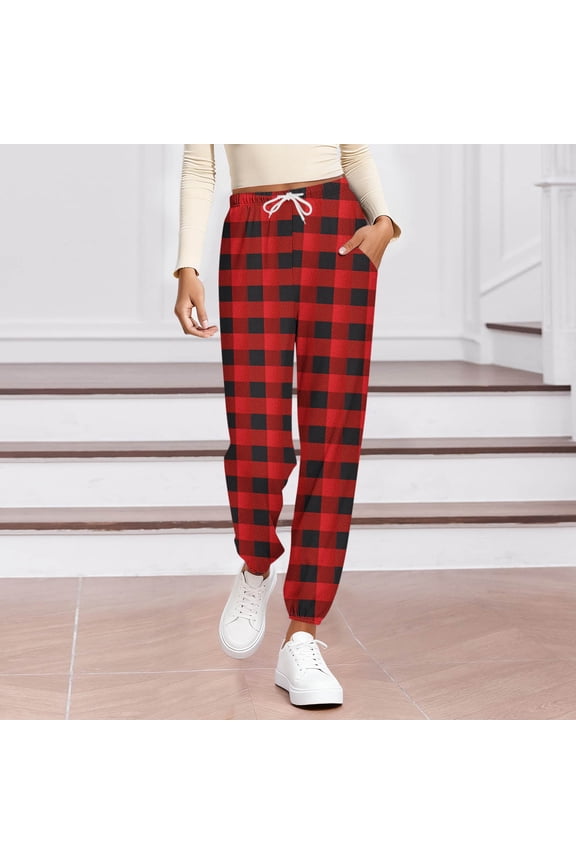 Women's Plaid Print Tie-Detail Cuffed Hem Lounge Pants with Pockets for Home Comfort