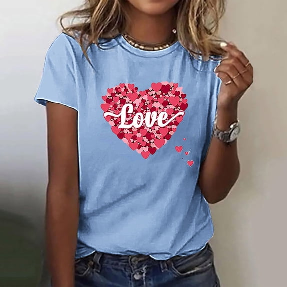 YUNAFFT Women's Printed Round Neck Short Sleeve Heart printing City Girls Casual Going Out Blouses Pullover Top St.Parik's Day