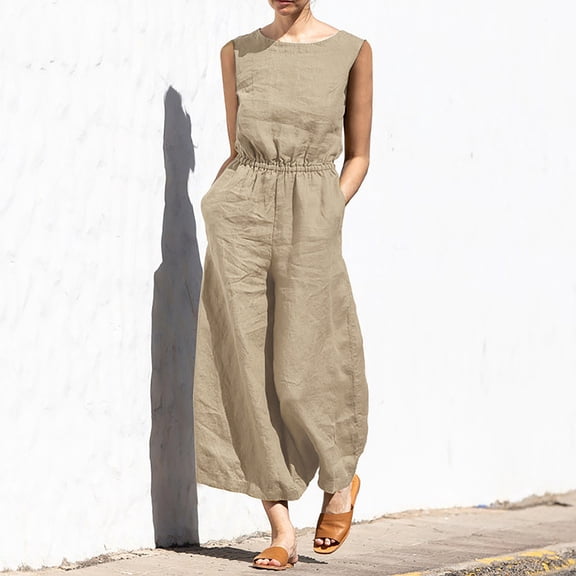 Awdenio Jumpsuits for Women Elegant Sleeveless Linen Jumpsuits Casual Wide Leg Jumpsuit Pants Romper