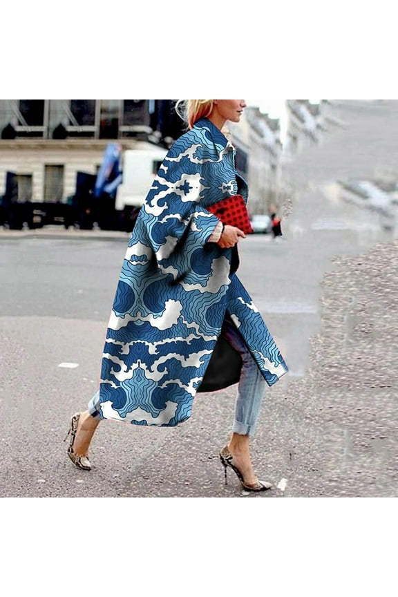 Women's Tops, Jackets& Coat Fashion Fashion Women Printed Pocket Jacket Outerwear Cardigan Overcoat Long Trench Coat