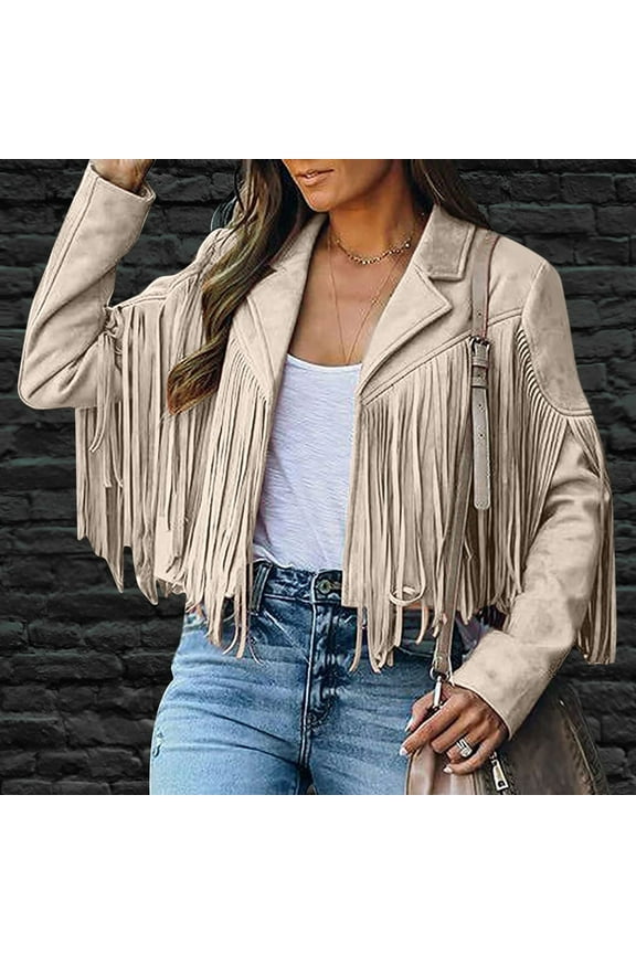 Women's Tops, Jackets& Coat Fashion Fringe Coat for Women Faux Suede Leather Cowboy Style Coat Long Sleeve Tassels Cardigan Coat