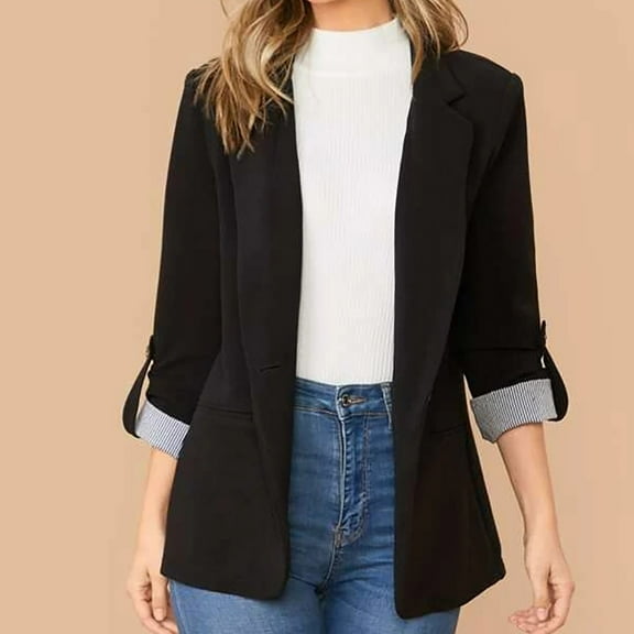 Babysbule Women's Tops, Jackets& Coat Fashion Women Business Attire Solid Color Stitching Stripe Long Sleeve Pocket Cardigan Coat Top