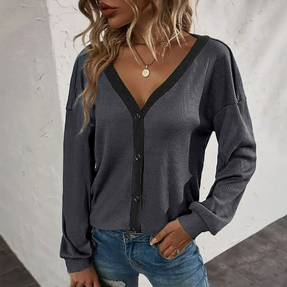 Babysbule Women's Tops, Jackets& Coat Fashion Women's Fashion Casual Color Matching Button Long Sleeve Cardigan Top Blouse