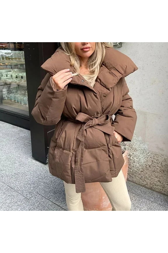 Women's Warm Belted Winter Coat with Large Lapel Waist-Defining Long Sleeve Loose Fit Casual Padded Jacket