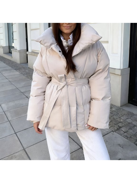 Women's Warm Belted Winter Coat with Large Lapel Waist-Defining Long Sleeve Loose Fit Casual Padded Jacket
