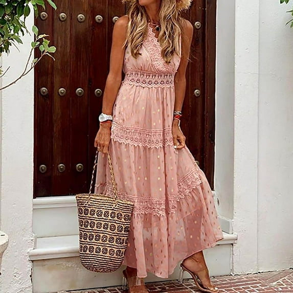 YUNAFFT Womens Dresses Clearance Fashion Women Summer Casual Print Sleeveless Lace Patchwork Vest Long Dress Sale