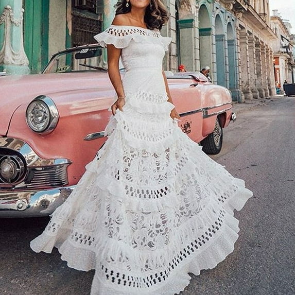 Babysbule Womens Dresses Women Lace Summer Maxi Dress Stapless Cascading Ruffle Dress Hollow Out Female Party Dresses Night Club