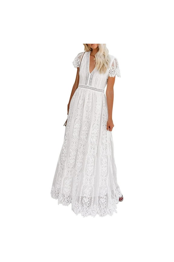 Womens Dresses Women's V Neck Short Sleeve Floral Lace Wedding Dress Bridesmaid Cocktail Party Maxi Dress Outfit