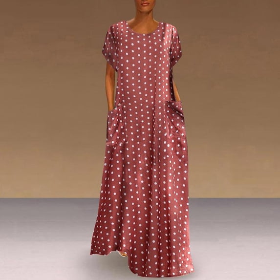 Babysbule Womens Dresses Women Plus Size Loose Short Sleeve Holiday Pockets Polka Dot Print Maxi Dresses