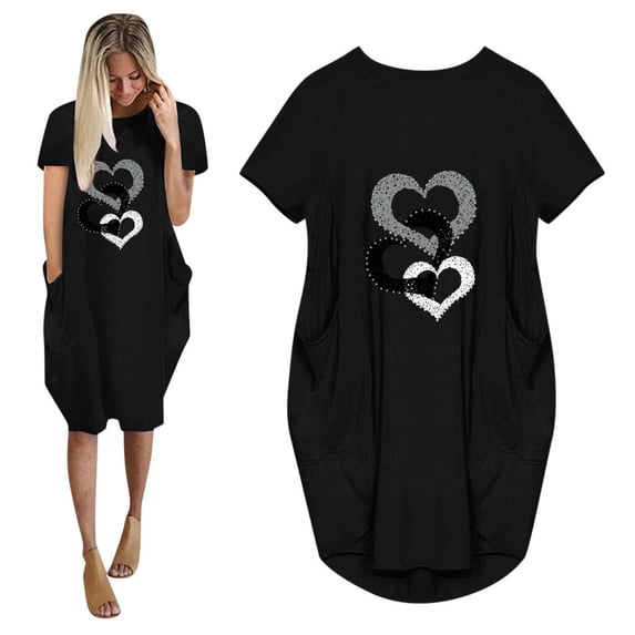 YUNAFFT Womens Dresses Clearance Women's Summer Fashion Cute Print Casual Short Sleeve Round Neck Dress Sale