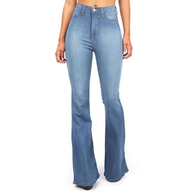 Babysbule Womens Jeans Solid Color Fashion Women's High Waist Pocket Wide Leg Jeans Flared Skinny Button Trousers