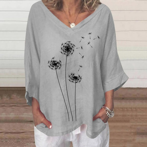 YUNAFFT Womens Tops Casual Loose Fashion Fashion Women's Summer V-Neck Short Sleeve Print Casual T-shirt Blouse On Sale