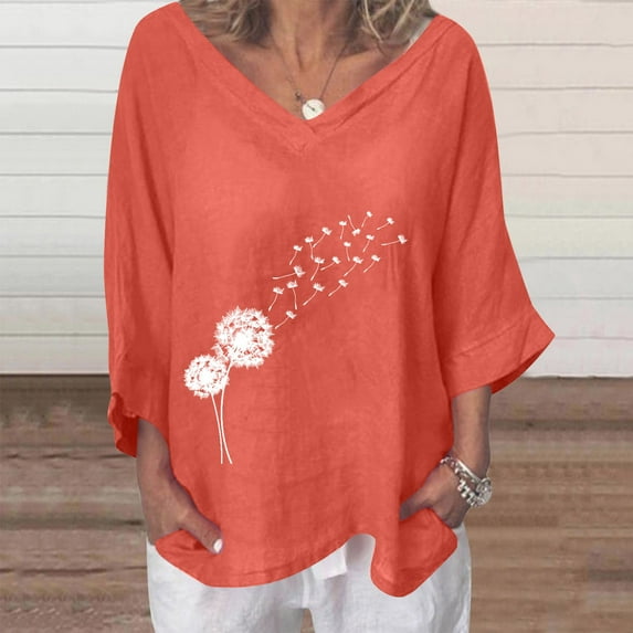 YUNAFFT Womens Tops Casual Loose Fashion Fashion Women's Summer V-Neck Short Sleeve Print Casual T-shirt Blouse On Sale