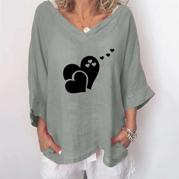 YUNAFFT Womens Tops Casual Loose Fashion Women's Fashion Printed T-shirt Cotton 3/4 Sleeves Blouse V Neck Casual Tops On Sale