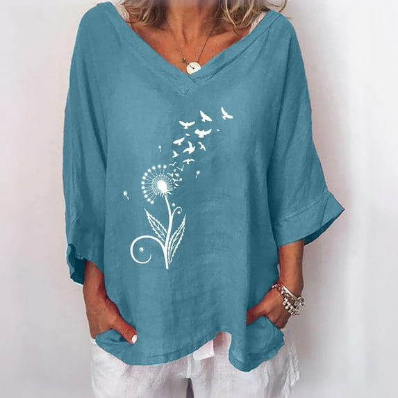 YUNAFFT Womens Tops Casual Loose Fashion Women's Fashion Printed V- Neck Three Quarter Sleeve T-shirt Blouse Loose Tops On Sale