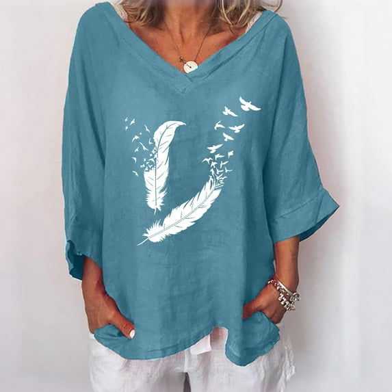 YUNAFFT Womens Tops Casual Loose Fashion Women's Fashion Printed V- Neck Three Quarter Sleeve T-shirt Blouse Loose Tops On Sale