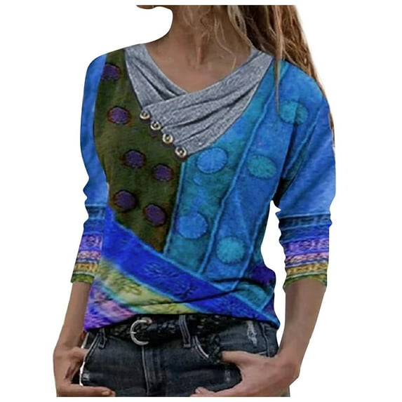 Babysbule Womens Tops Casual Loose Women Tie-dye Printed Embroidery Collar Long Sleeve Pullover Blouse Tops On Outfit