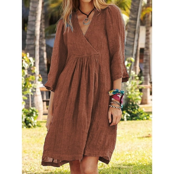 YUNAFFT Womens Tops Clearance, Women's Summer Half Sleeve Solid Color Soft Comfortable Cotton And Linen Long Dress