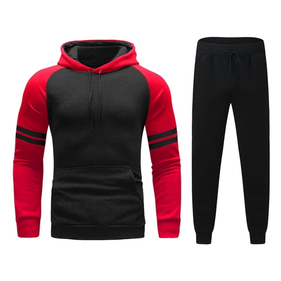 YUNAFFT Workout Sets for Men 2 Piece 2PC Men's Colorblock Striped Long Sleeve Pocket Hooded Pullover Sports Sweatshirt Top + Pants Suit