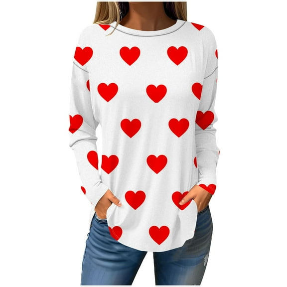 YUNAFFT Wowomen's Fashion Heart Printed Loose T-shirt Long Sleeves Blouse Round Neck Casual Tops Sweatshirt St. Parik's Day