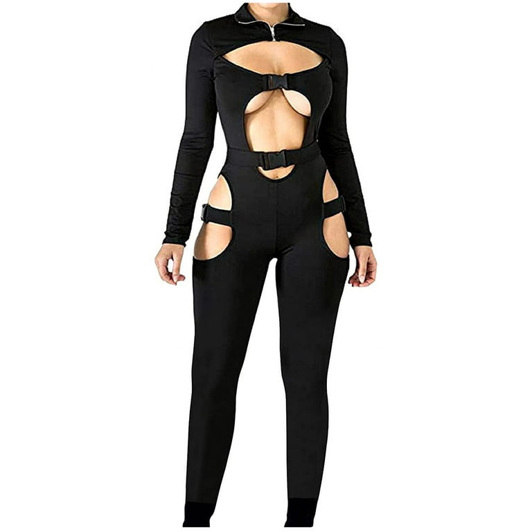 YUNAFFT Yoga Pants for Women Clearance Plus Size Women's Buckle High Neck  Jumpsuit Long Sleeves Sexy Hollowing Out Romper 