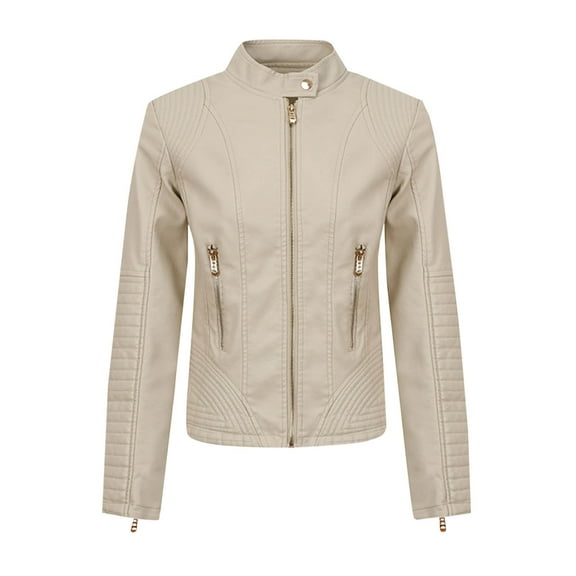 YUNAFFT Zippered Pocket Faux Leather Jacket for Women Stand Collar Biker Coat Long Sleeve Slim Fit Outerwear