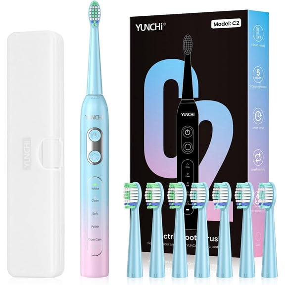 YUNCHI C2 Electric Toothbrushes for Adults, USB-C Rechargeable Sonic Toothbrush with 5 Modes and 2 Minutes Timer, Soft Bristles 8 Brush Heads and Travel Case, Pink and Light Blue