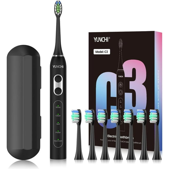 YUNCHI C3 Adult Rechargeable Sonic Toothbrush with 8 Brush Heads and Travel Case, 5 Modes, Black