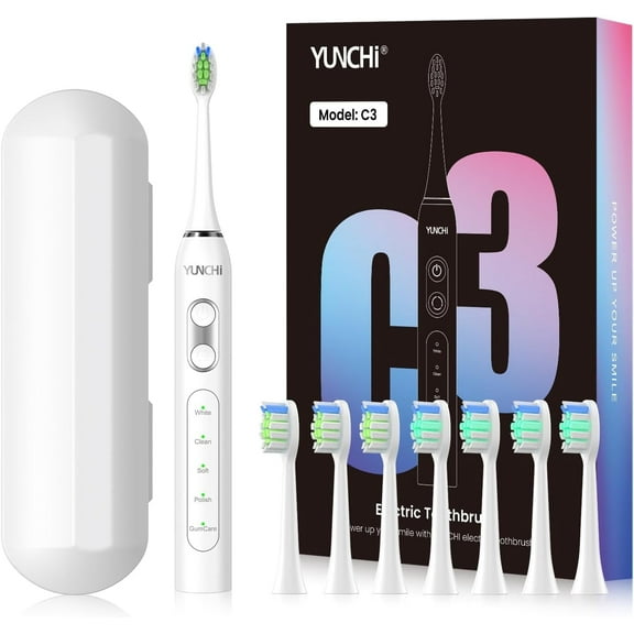 YUNCHI C3 Adult Sonic Toothbrush Rechargeable with 8 Brush Heads and Travel Case, 5 Modes, White