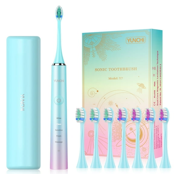 YUNCHI Y7 Electric Toothbrushes, USB-C Rechargeable Sonic Toothbrush with 5 Modes, Soft Bristles 8 Brush Heads and Travel Case, Blue