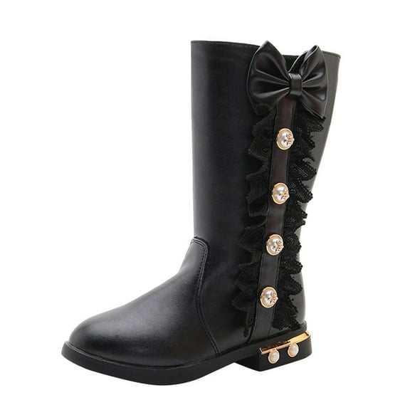YUNCITY Girls Dress Shoes Kids Baby Princess Shoes Fashion Bowkont Lace Knee Boots Black 4.5-5 Years